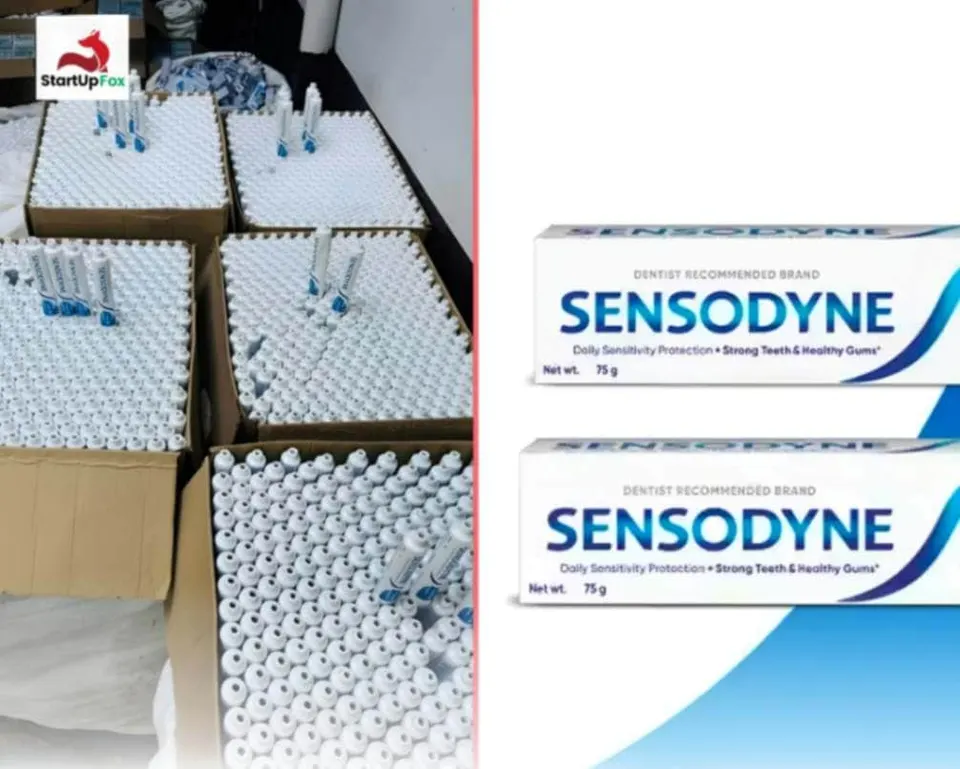 Side-by-side split image. On the left, thousands of counterfeit Sensodyne toothpaste tubes packed in brown cardboard boxes seized during a police raid. On the right, clean promotional images of authentic Sensodyne toothpaste packaging