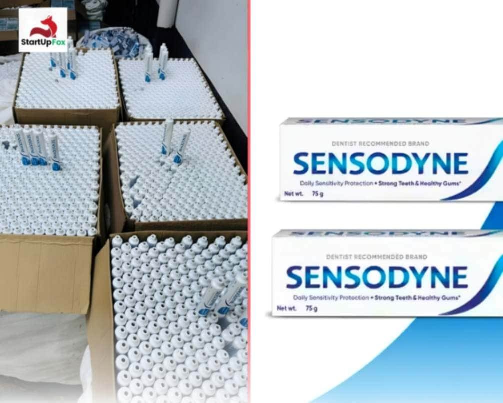 Side-by-side split image. On the left, thousands of counterfeit Sensodyne toothpaste tubes packed in brown cardboard boxes seized during a police raid. On the right, clean promotional images of authentic Sensodyne toothpaste packaging